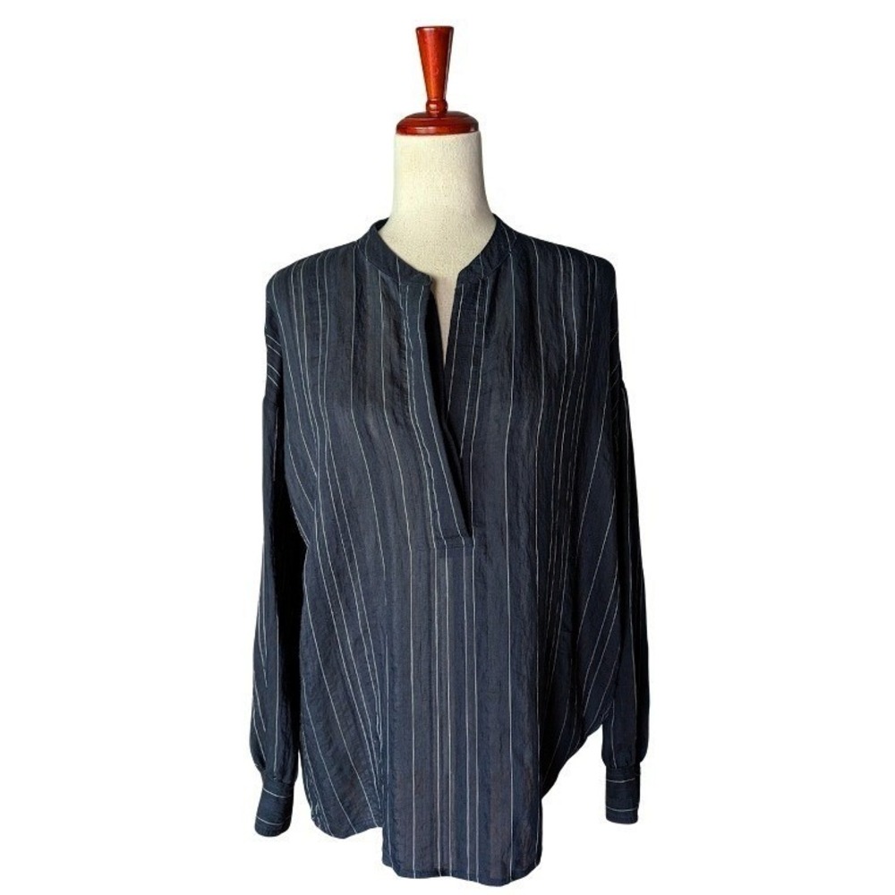 Vince Navy Blue Pinstripe Split Neck Tunic Blouse Relaxed Fit‎ M V649211635